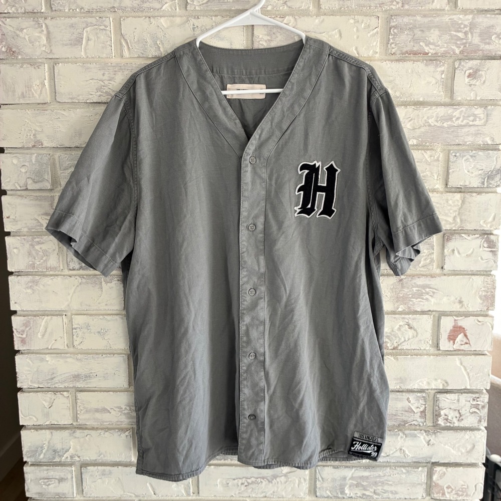 Hollister Mens XL Baseball Jersey Gray Button Up LA 99 Sportswear H Patch